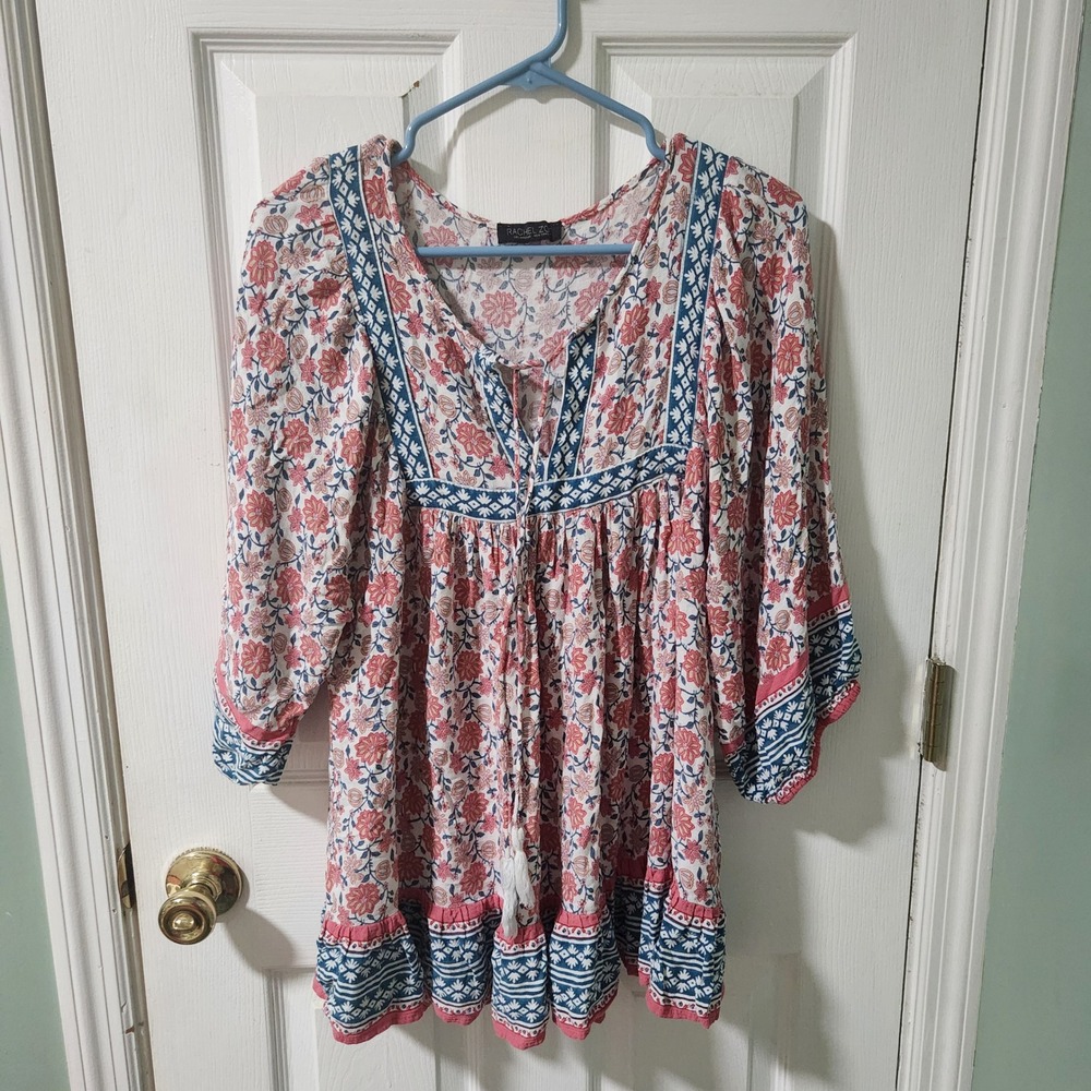 Rachel Zoe Boho Floral Peasant Top Coral Blue Tassel Tie Ruffle Blouse Medium